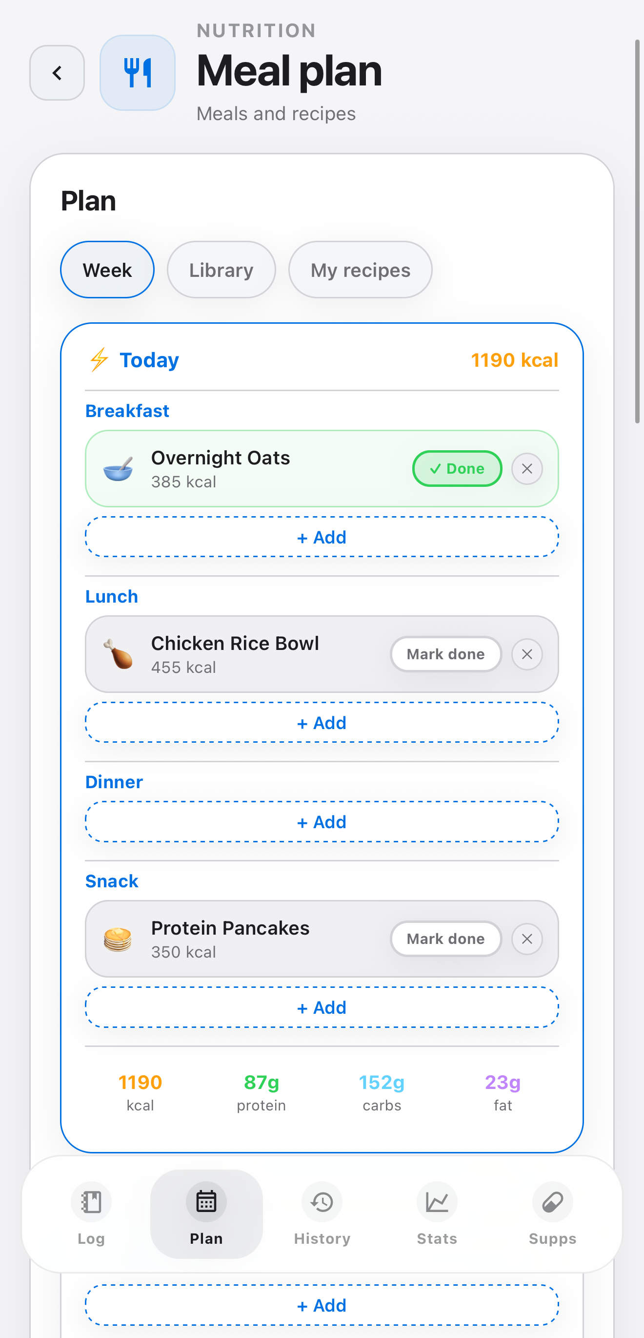 Preview of Elyra meal planning.